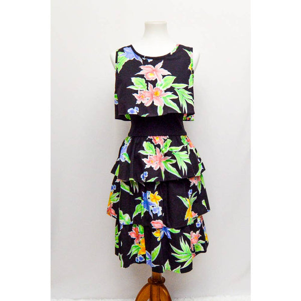 Vintage Liberty House womens dress hawaiian tiered black green S 80s