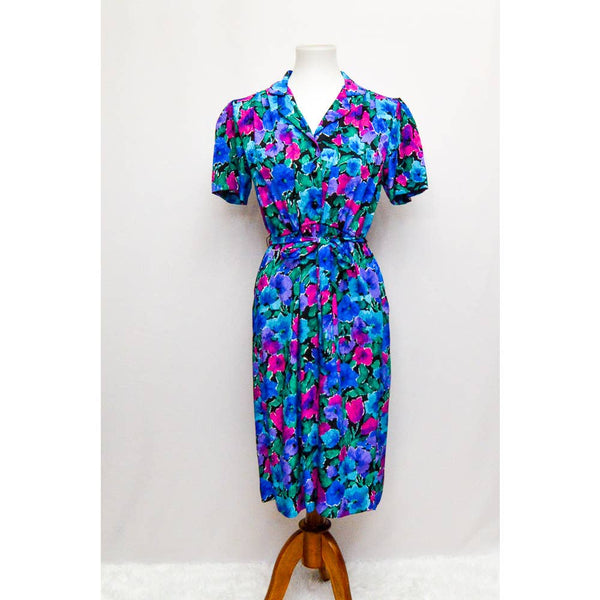 Vintage womens dress blue M+ 80s