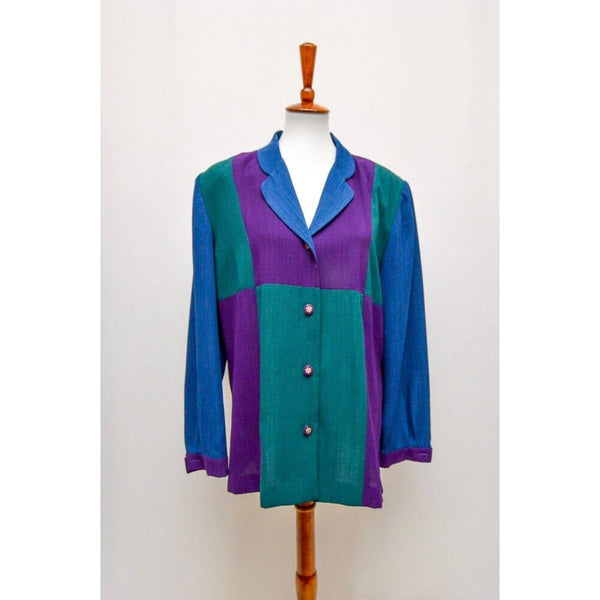 Vintage Leslie Fay womens blouse green purple blue long sleeve XL 80s