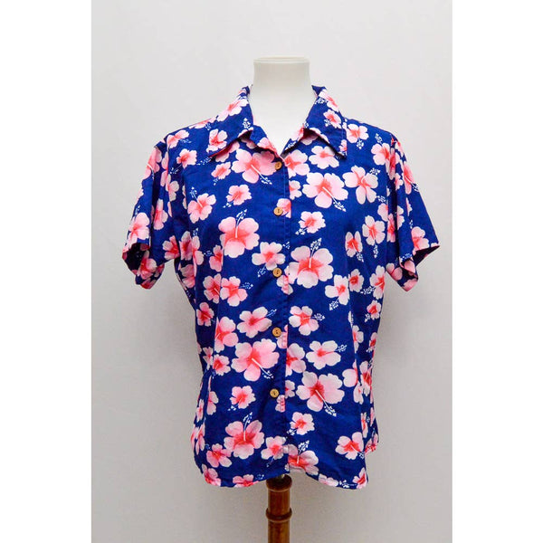 Vintage Ten 2 One womens hawaiian blouse navy pink L++ 90s