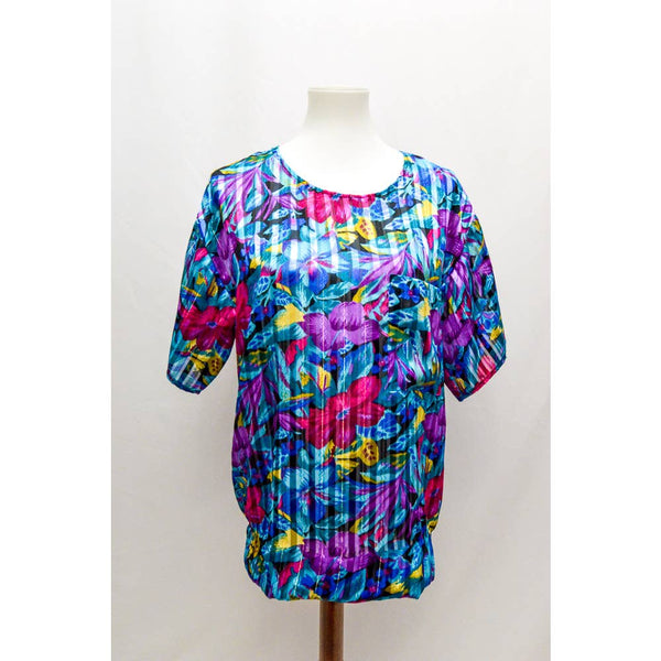 Vintage Semi sheer womens blouse blue pink L 90s