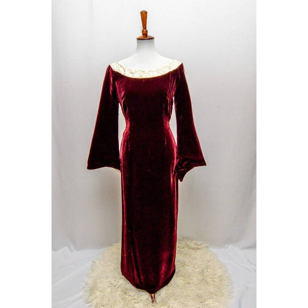 Vintage velvet women's dress with wizard sleeves burgundy M 70s