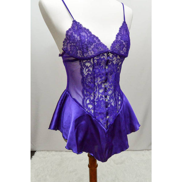 Vintage womens lingerie top purple sheer mesh S+ 80s